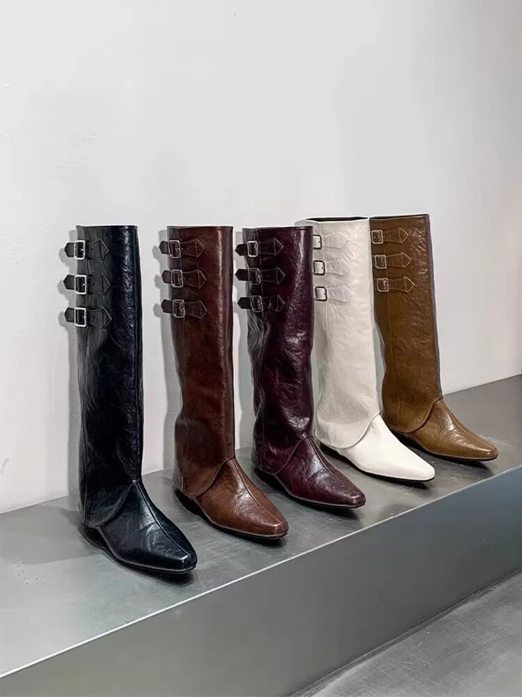两穿内增高西部靴裤管靴子女秋冬季新款平底高筒长靴长筒靴骑士靴
