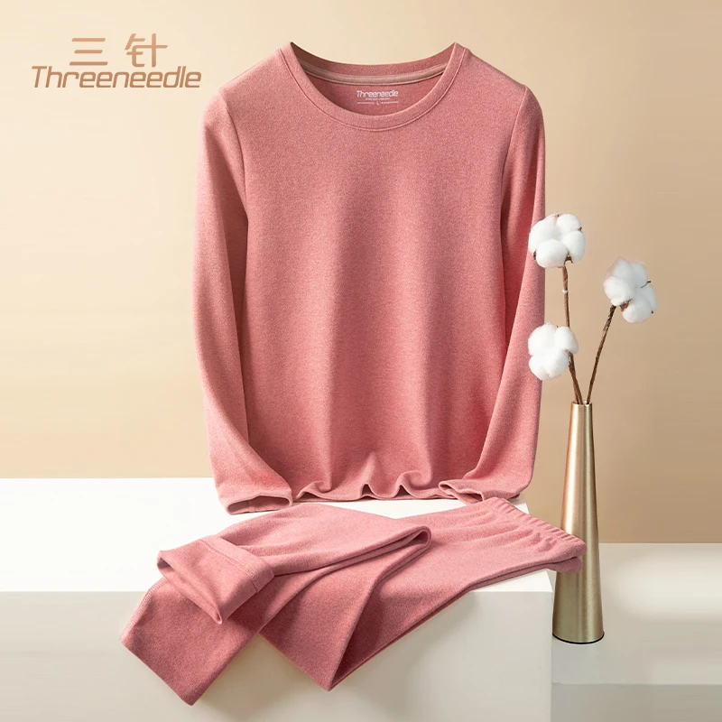 三针纯棉保暖内衣女中厚色纺磨毛中年秋衣秋裤冬季防寒棉毛衫套装