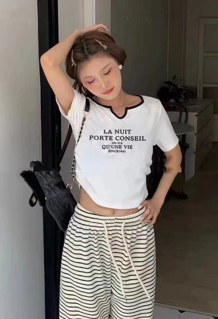 夏季新款 v领时尚百搭显瘦短款T恤