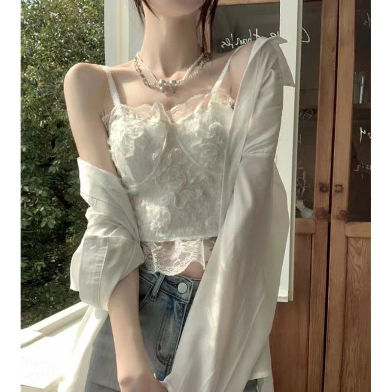 新款法式打底蕾丝背心女吊带带胸垫白色抹胸女性感吊带背心内搭