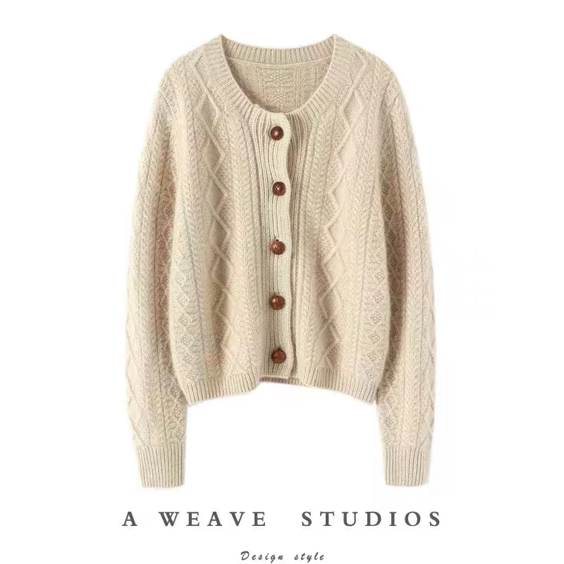 100%纯羊毛保暖针织三股加厚女士长袖羊毛开衫