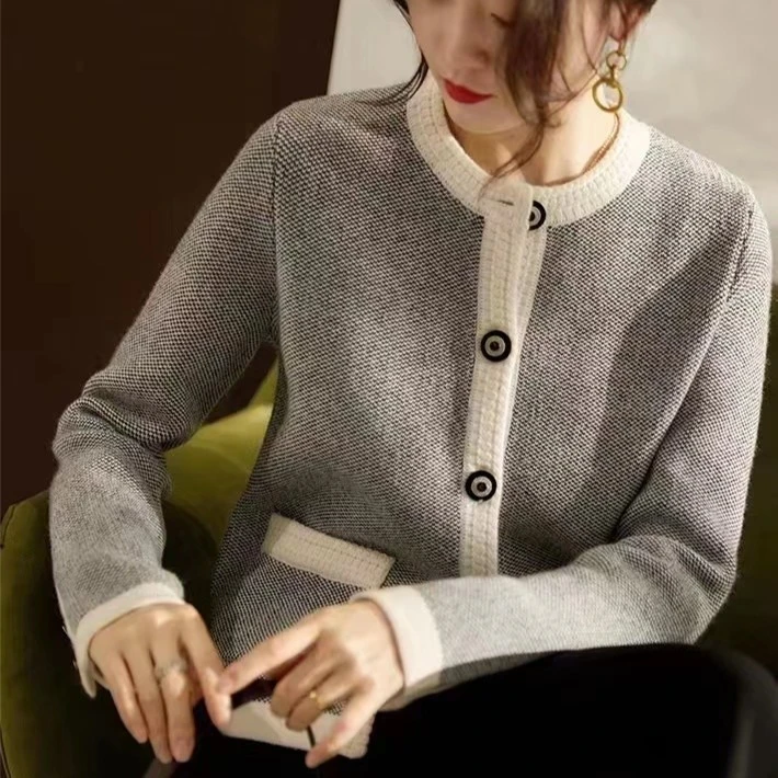 【100%纯羊毛】空气层加厚小香风意大利工艺羊毛手工镶边针织开衫