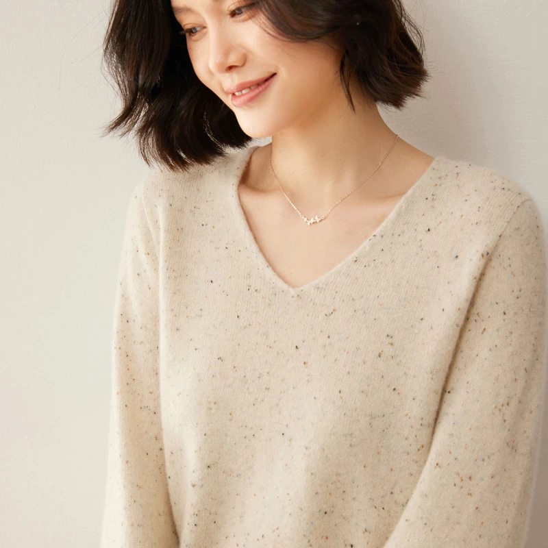 【绒沐羊100羊毛】一线成衣点子纱V领羊毛衫女宽松毛衣针织打底衫