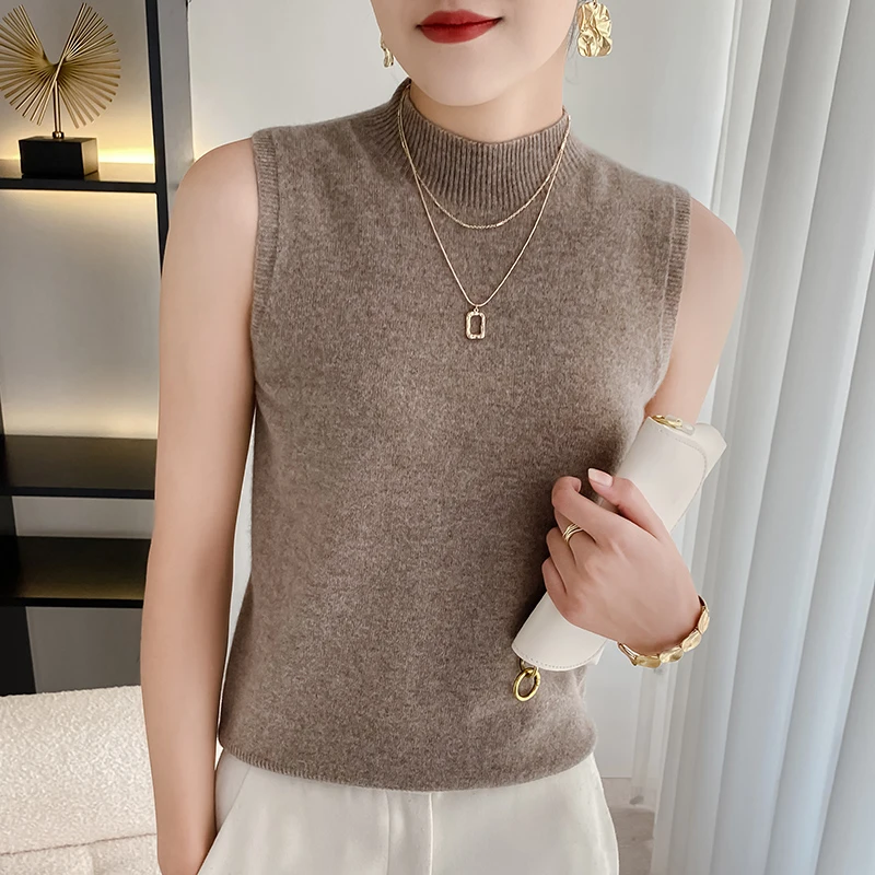【绒沐羊 100羊毛】马甲毛衣背心针织女装宽松一线无袖半高领女上衣