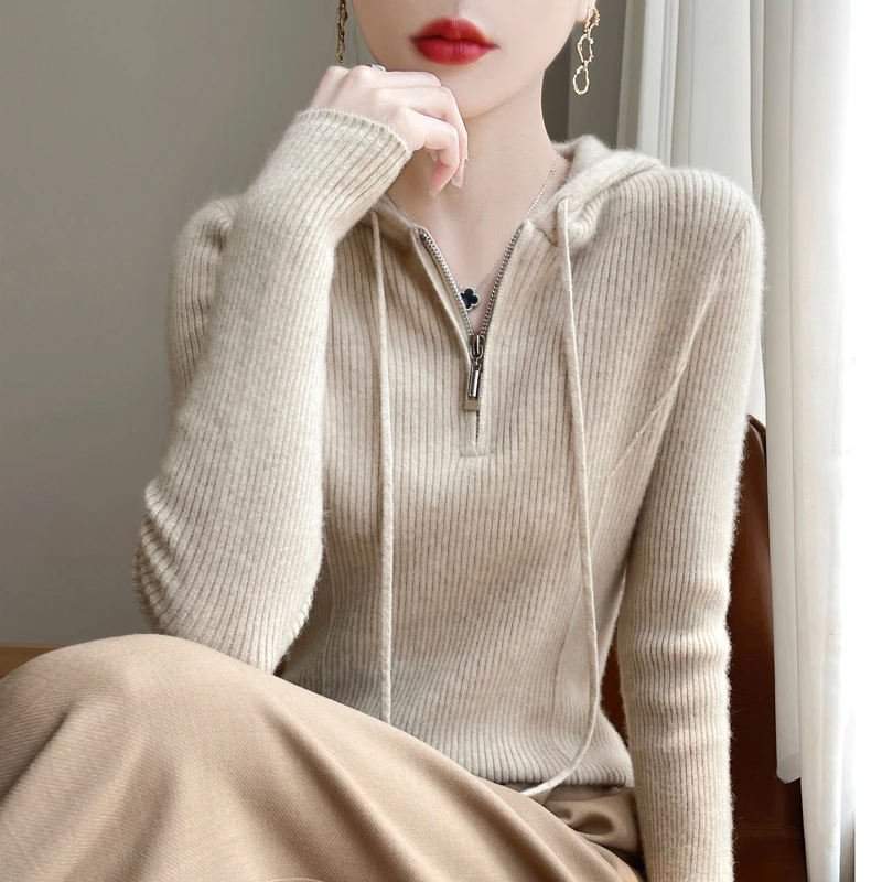 【绒沐羊100羊毛】修身羊毛女帽衫百搭显瘦连帽卫衣长袖针织打底衫