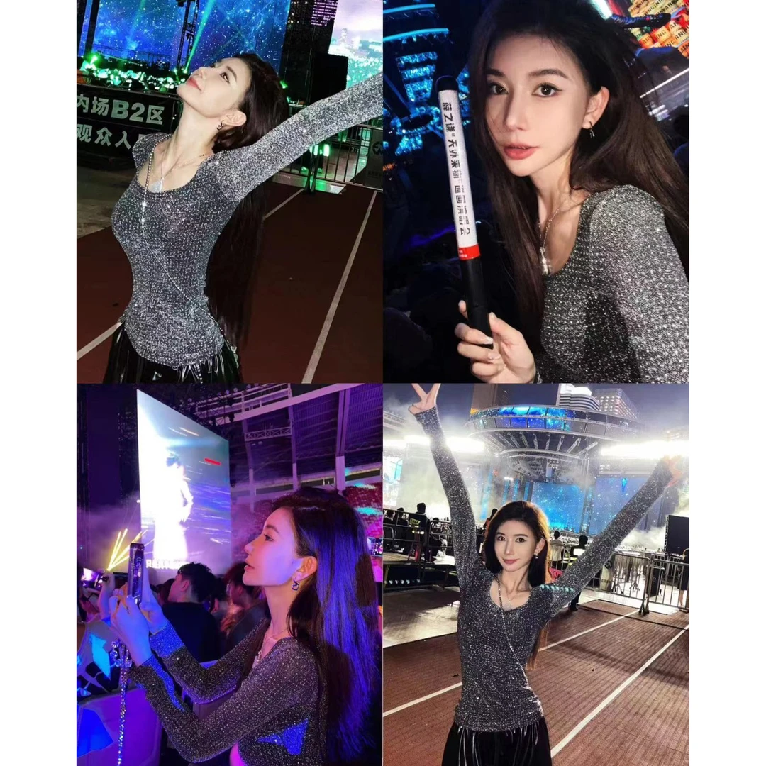 婉君【碎闪星河】时尚闪钻设计感长袖性感修身上衣LWJ23C3T923