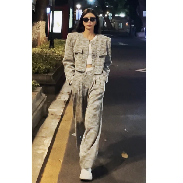 婉君【欧尼珍珠灰套装】灰色条纹粗花呢子套装LWJ22C3TZ024