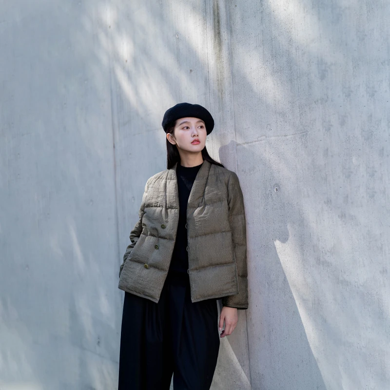 言作原创手工炒色牡丹花提花新中式复古95白鸭绒羽绒服 春山可望