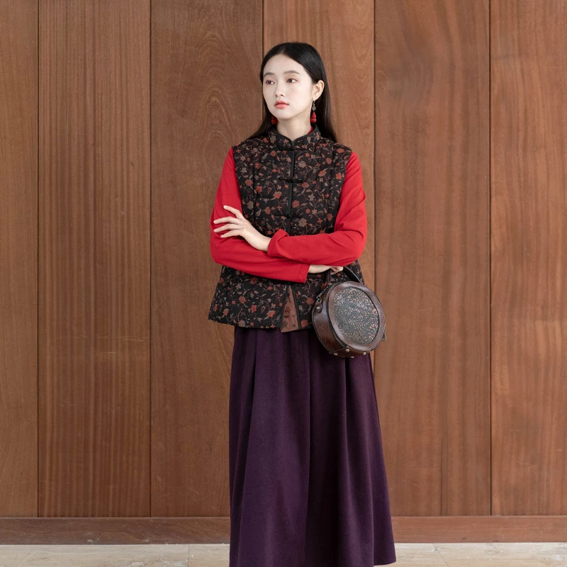 【95白鹅绒】言作复古提花长绒棉羽绒马甲女外穿【栽满碧桃花二】