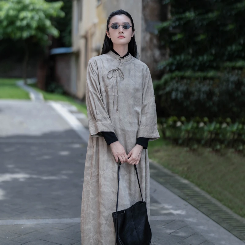 言作原创中式山脉大提花天丝亚麻盘扣系带显瘦旗袍【越过群山六】