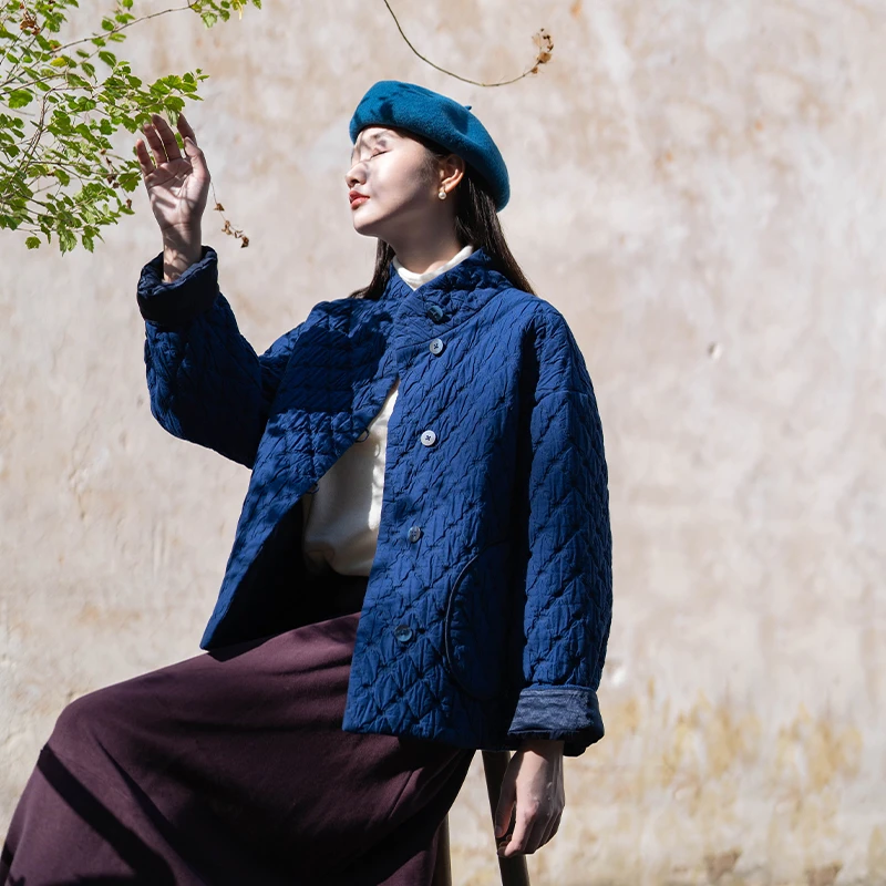 言作原创冬新品柔软厚实进口澳毛混纺菱形格保暖棉服外套女 距离