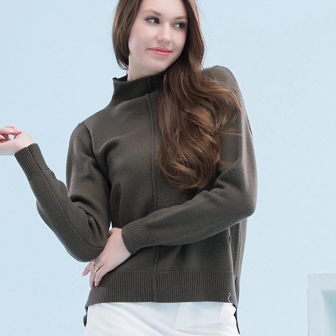 73302  秋季新款女士套头宽松不规则开叉纯色针织衫保暖显瘦