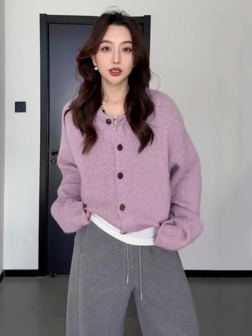 大码温柔显白紫色毛衣针织开衫女秋冬微胖mm遮肉显瘦内搭外穿上衣