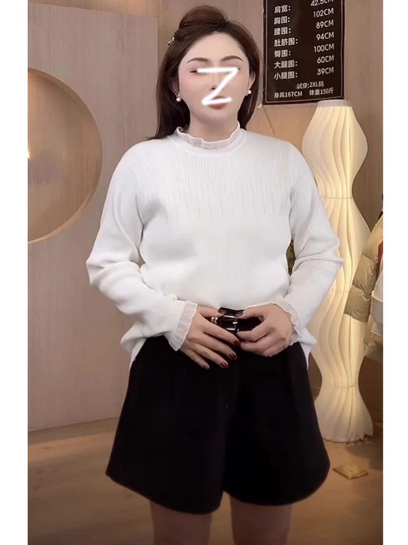 大码玻璃纱半高领打底衫简约休闲毛衣女秋冬胖mm遮肉显瘦内搭上衣