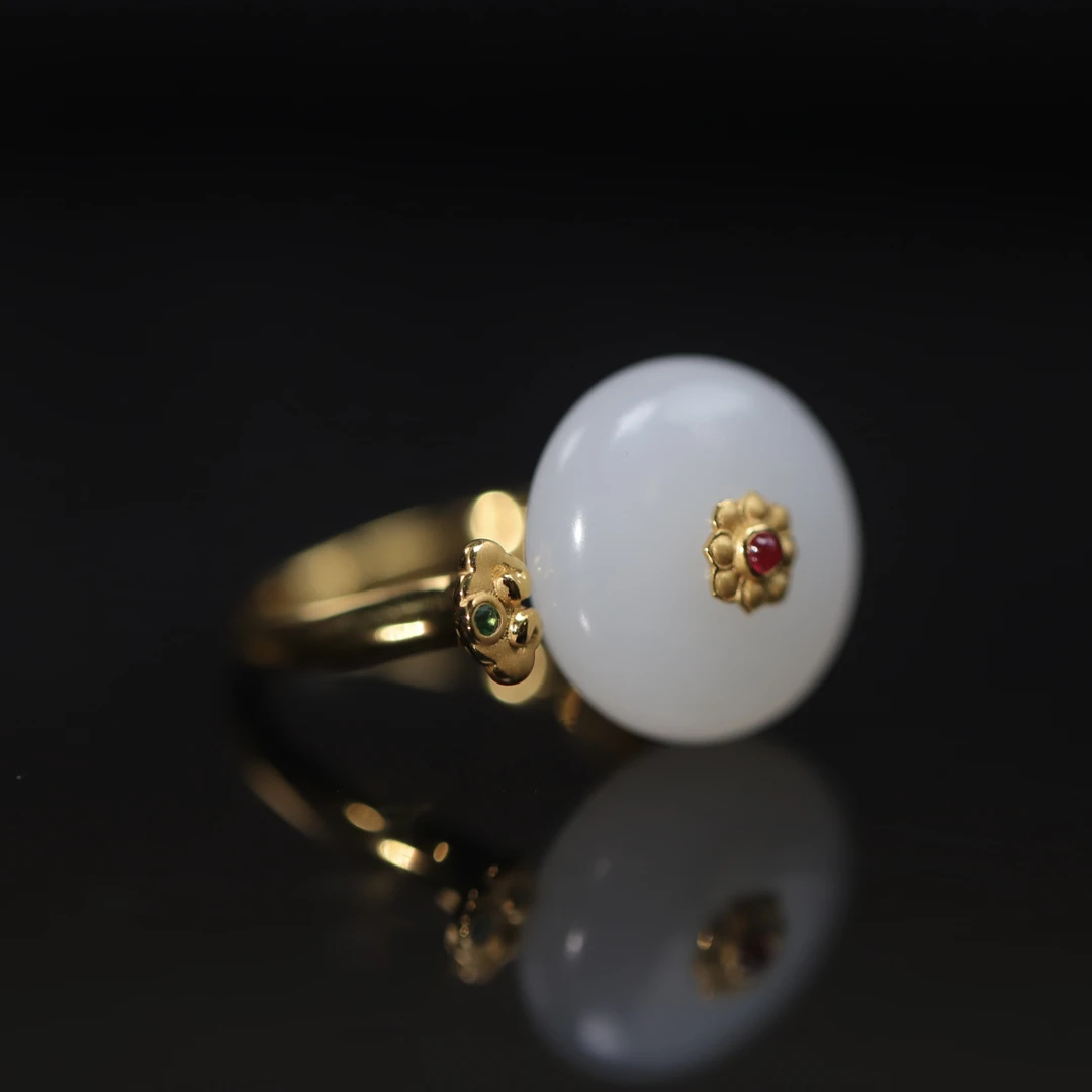 新疆和田玉18K金平安扣戒指开口戒