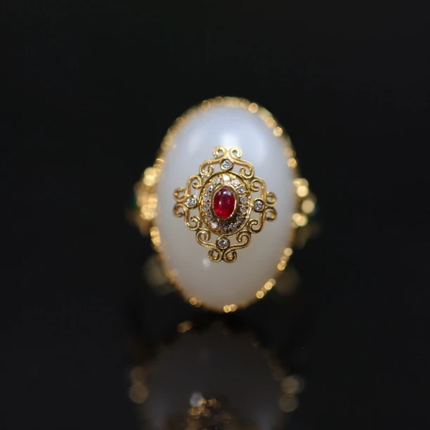 新疆和田玉18K金椭圆戒指如意戒圈