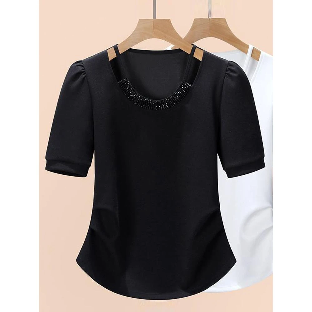 高含棉设计感气质显瘦t恤女2024年夏季新款重工钉珠镂空短袖上衣