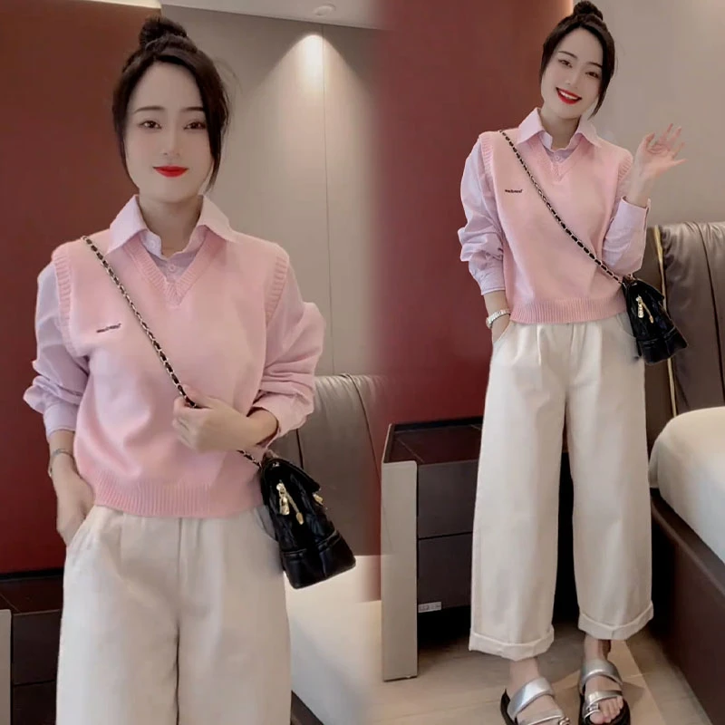 韩系假两件拼接针织马甲衬衫女2024年秋季新款小个子洋气减龄上衣