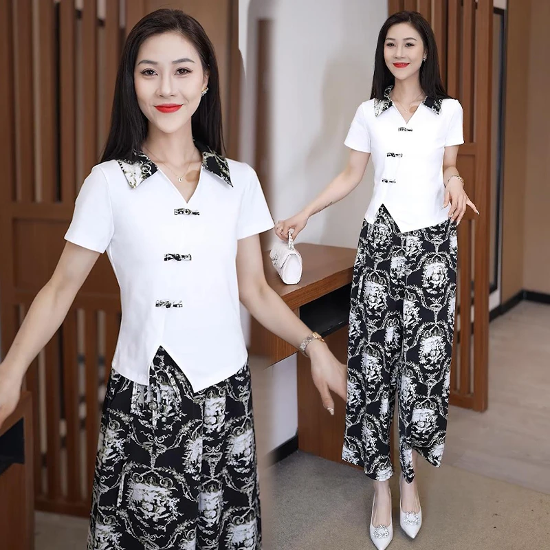 中式国风套装女2024年夏季新款洋气减龄盘扣翻领不规则上衣两件套