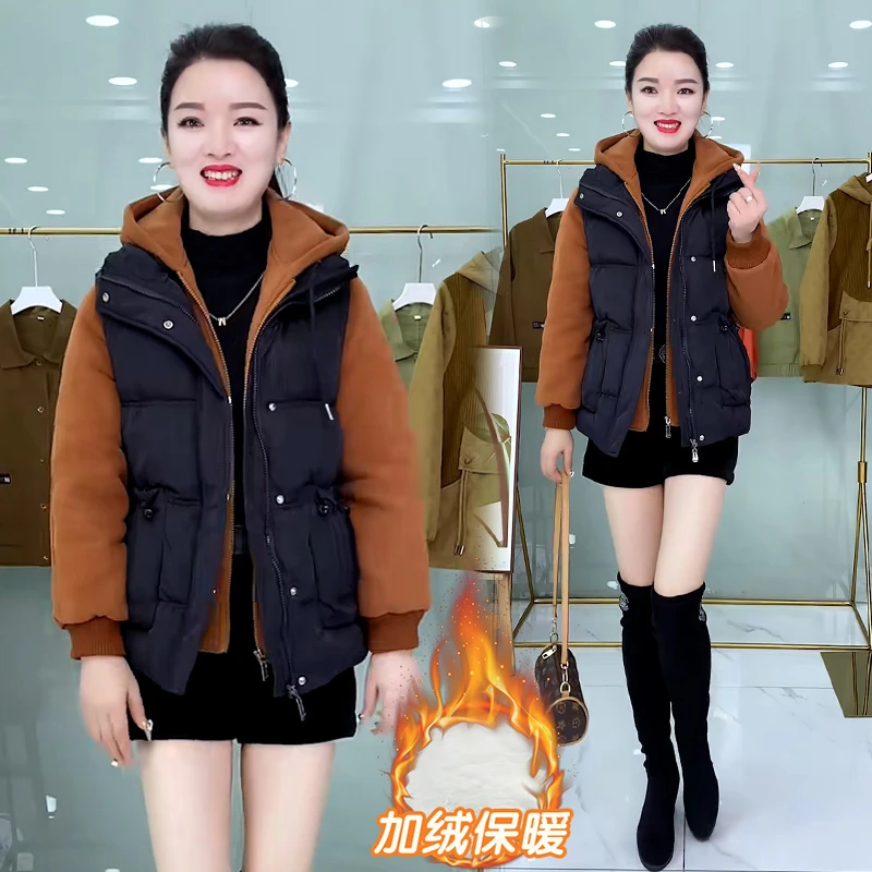 加绒加厚设计感假两件棉服女2025年冬季新款宽松百搭洋气拼接棉衣