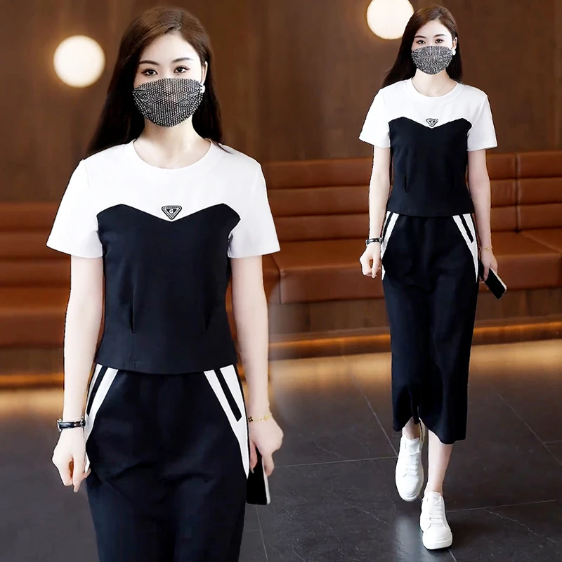 高含棉时尚套装女2024年夏季新款洋气拼色短袖t恤半身裙两件套潮