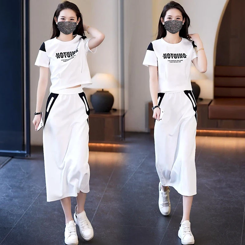 高含棉时尚休闲套装女2024夏季新款通勤简约短袖t恤半身裙两件套
