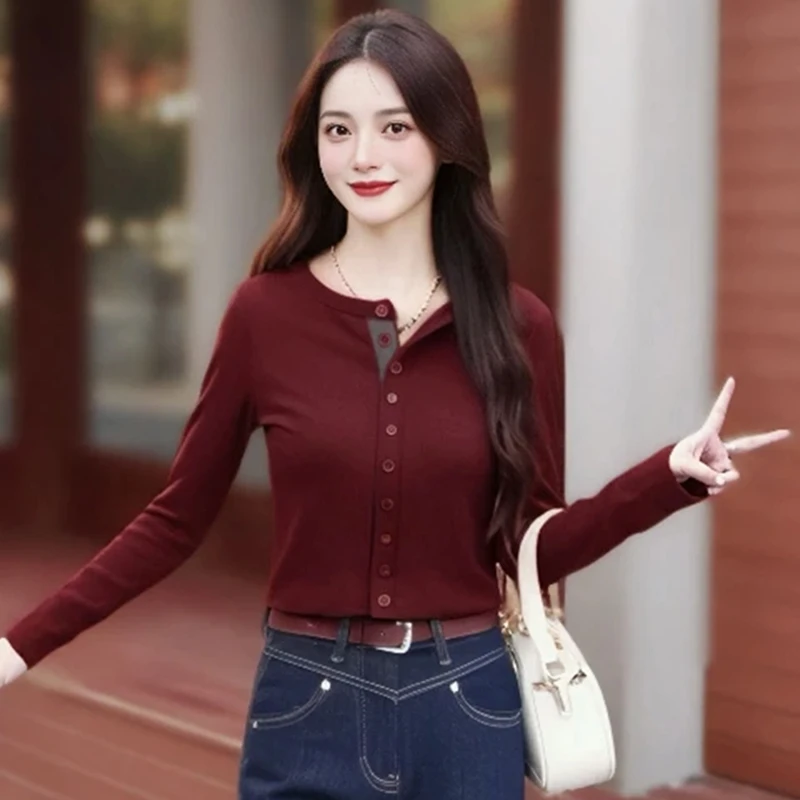 韩版圆领长袖t恤女2024年秋冬新款小个子收腰显瘦内搭针织衫上衣