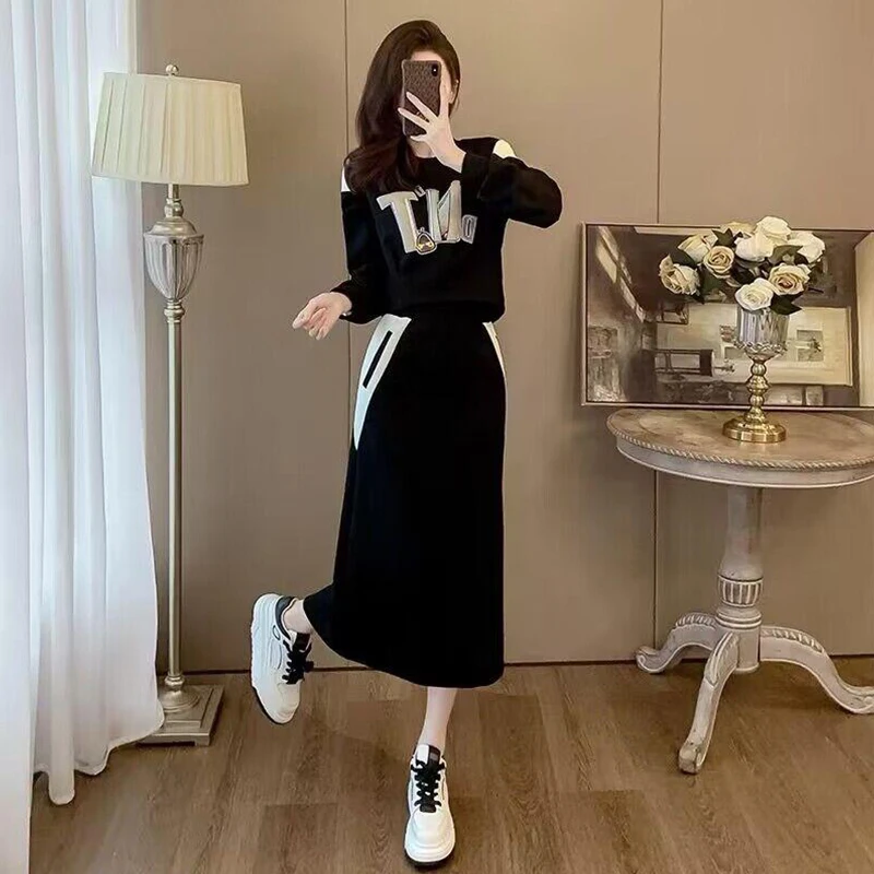 时尚休闲套装女2025春秋季新款宽松洋气长袖卫衣开叉半身裙两件套