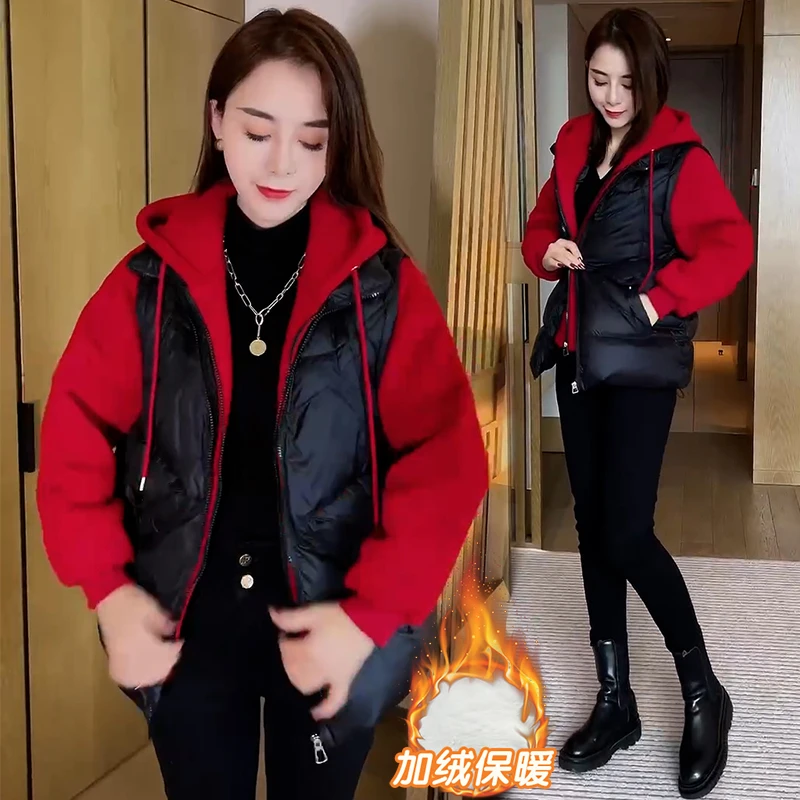 加绒加厚假两件棉衣外套女2025冬季新款宽松大码连帽卫衣时尚棉服