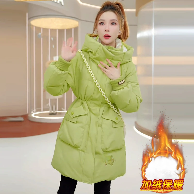 中长款连帽棉服女2025秋冬季新款时尚百搭休闲加厚面包服保暖外套