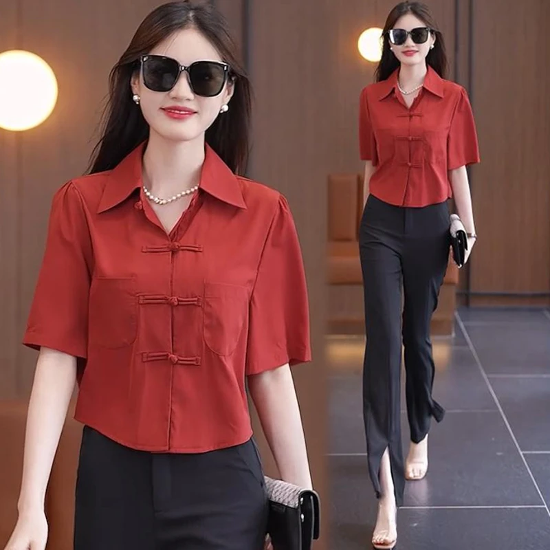 中国风时尚衬衫女2024夏季新款气质宽松百搭半袖遮肚盘扣衬衣上衣