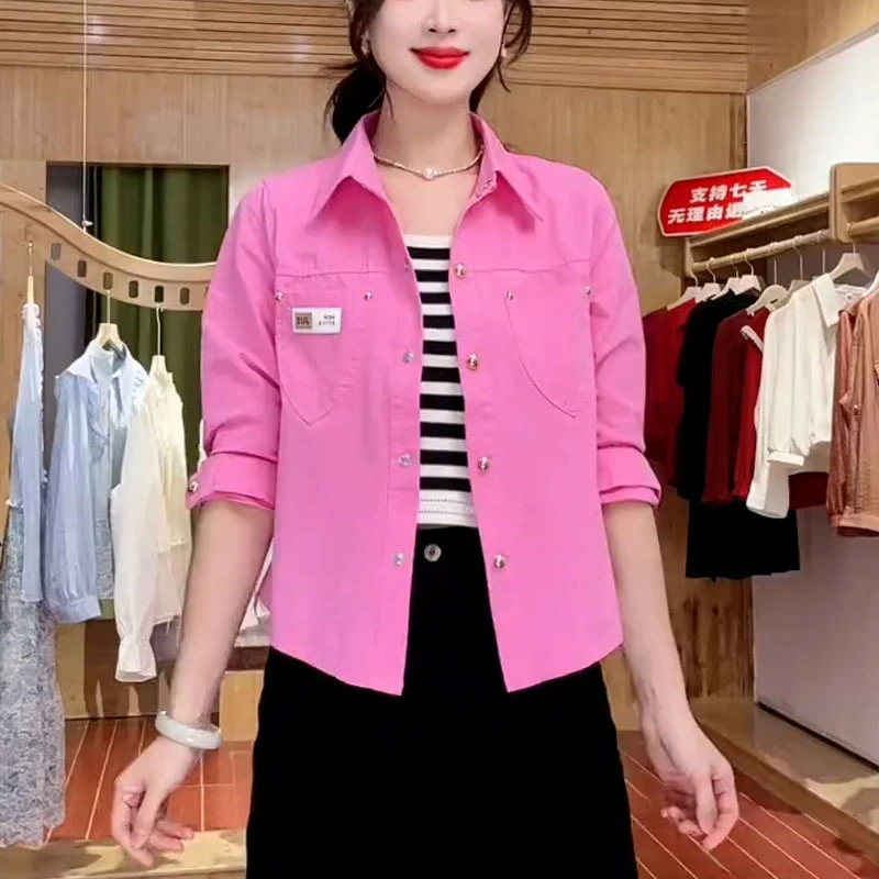 纯棉时尚短款外套女2025年秋季新款休闲百搭独特polo领衬衫上衣潮