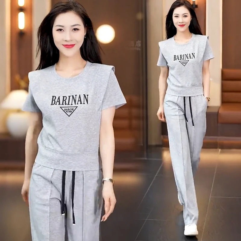 高含棉休闲运动服套装女2024年夏季新款气质显瘦短袖阔腿裤两件套