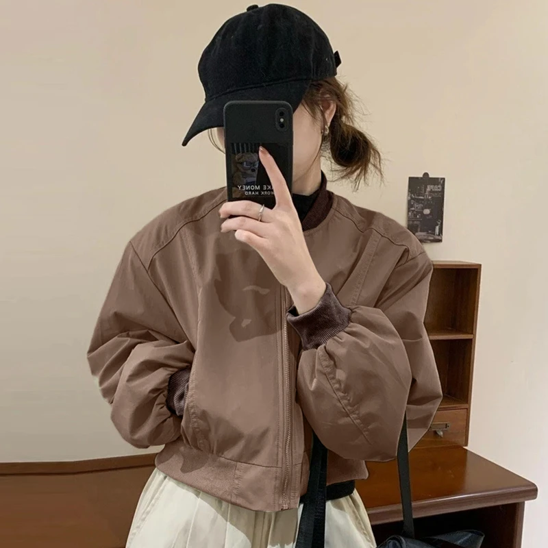 美式复古棒球服外套女2025年春秋高级感小个子圆领短款夹克上衣潮