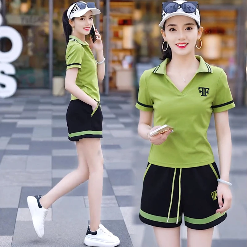 高含棉休闲运动服套装女2024年夏季新款时尚Polo领短袖短裤两件套