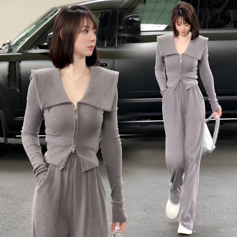 气质休闲套装女2026春秋季新款法式翻领收腰开衫卫衣阔腿裤两件套