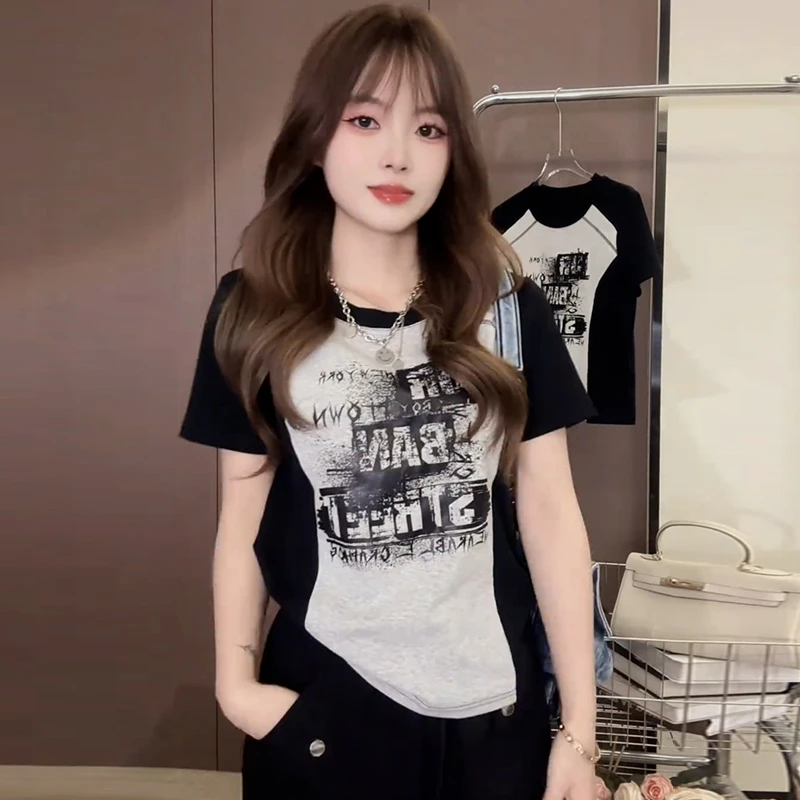 休闲复古撞色字母拼色t恤女2024夏季新款时尚设计感修身显瘦上衣