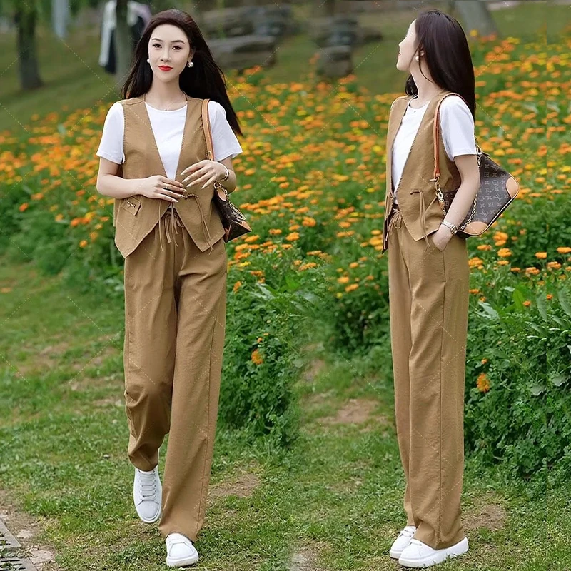 新中式国风时尚套装女2024年春夏季新款减龄盘扣马甲阔腿裤三件套