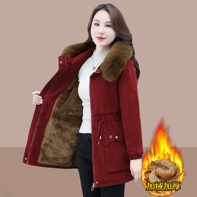 加绒加厚派克中长款棉服冬季2025新款女装宽松棉衣羊羔绒棉袄外套