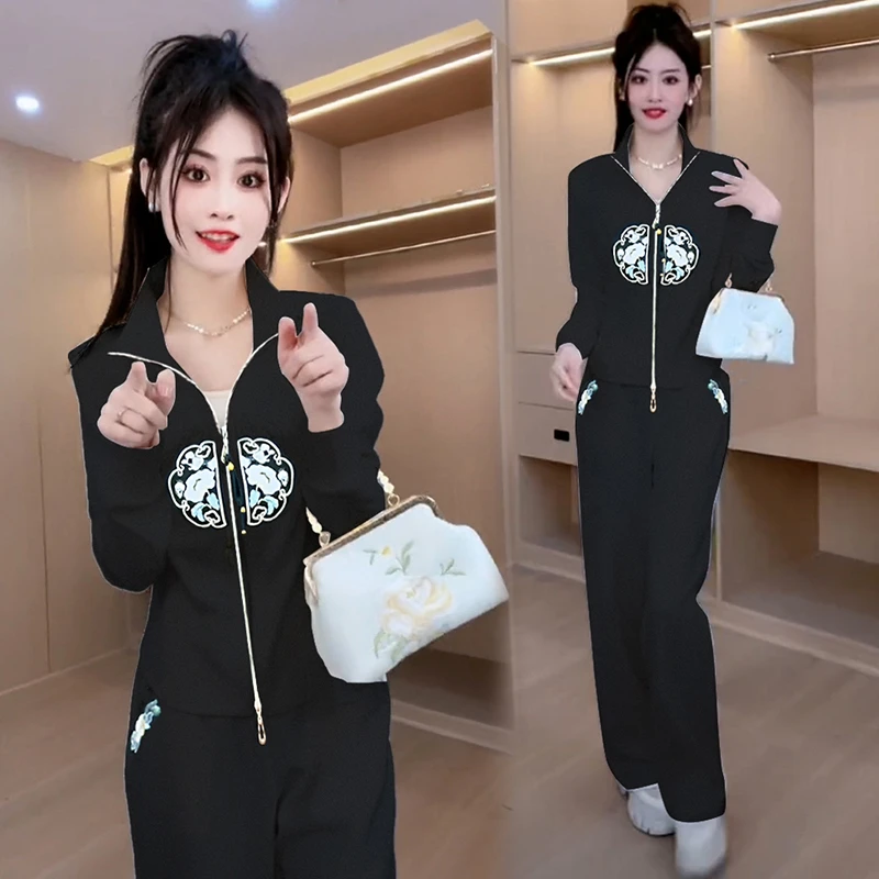 高含棉时尚运动服套装女2025年春秋新款百搭拉链外套直筒裤两件套
