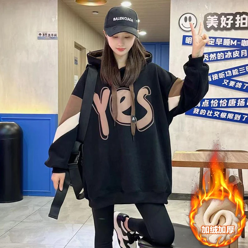 2025冬季新款字母印花连帽加绒加厚卫衣女宽松百搭时尚长袖上衣潮