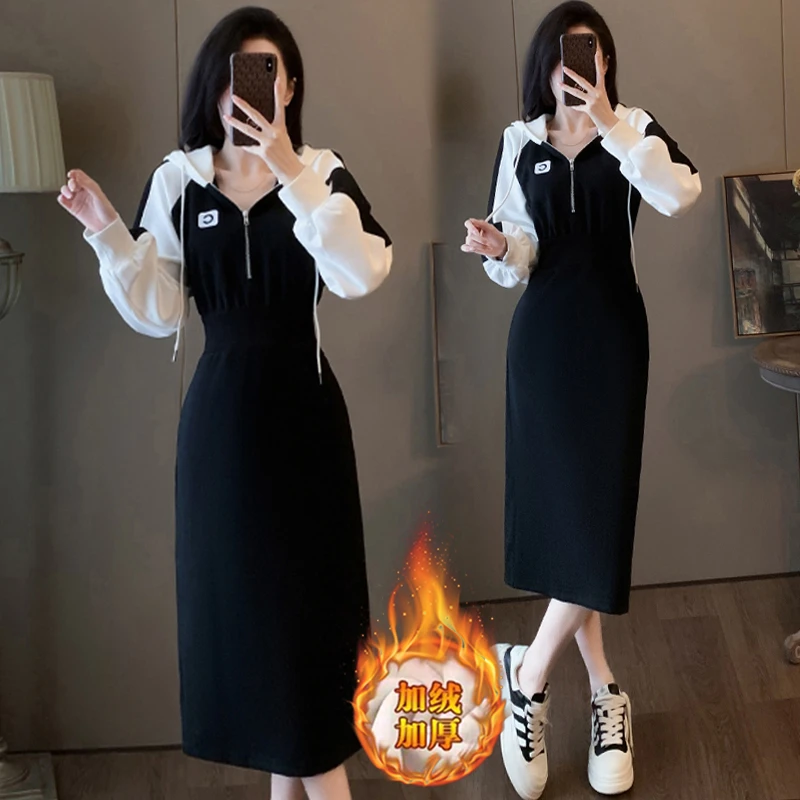 加绒加厚高含棉时尚长袖卫衣连衣裙女2024冬季新款收腰高级感长裙