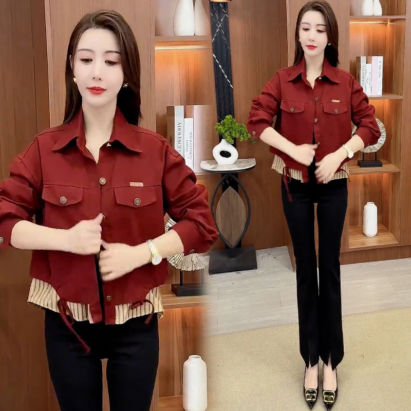 纯棉时尚条纹拼接短外套女2025春秋新款休闲百搭Polo领假两件上衣