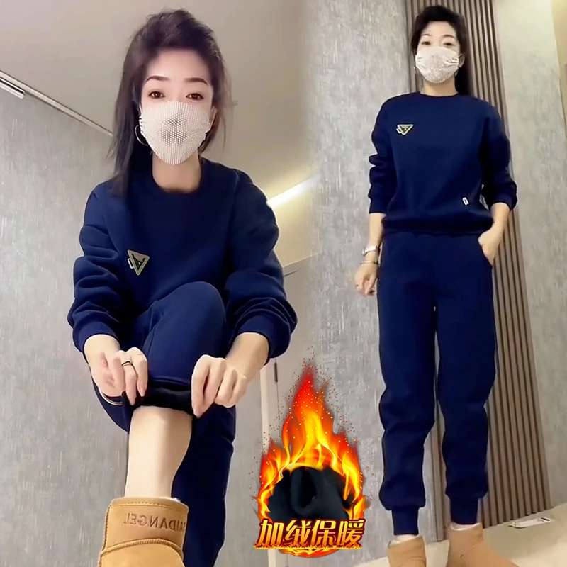 高含棉时尚套装女2025年冬季新款加绒加厚卫衣卫裤休闲气质两件套