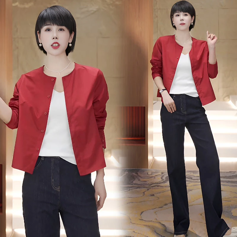 含棉中式时尚气质圆领衬衫女2025年春秋季新款宽松单排扣长袖上衣