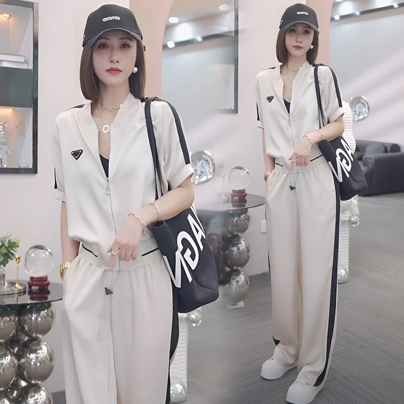 时尚休闲运动服套装女2024年夏季新款设计感开衫短袖阔腿裤两件套