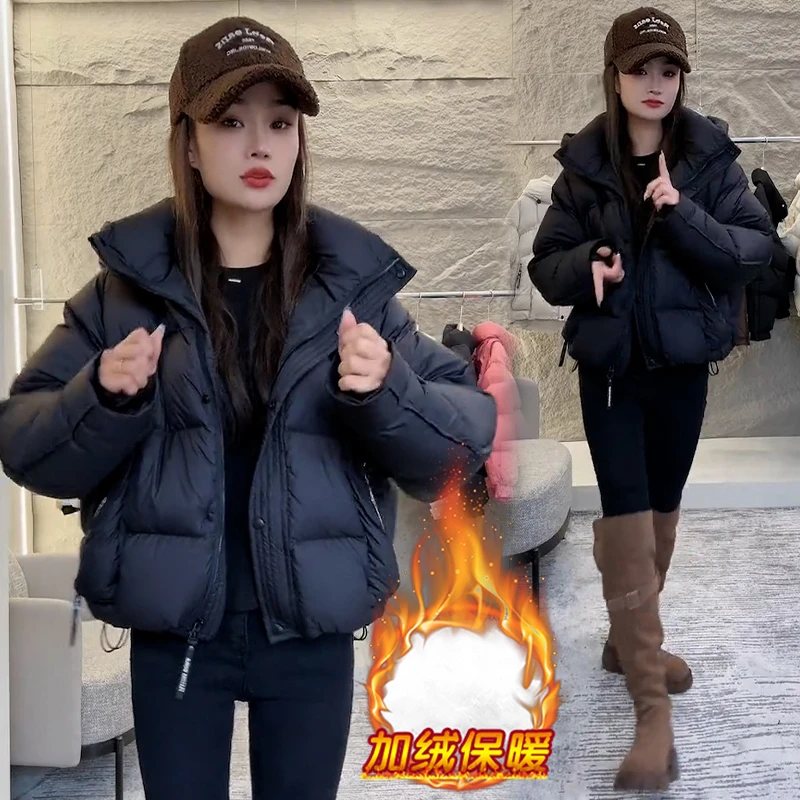 2025冬季新款连帽棉服外套女休闲加厚蓬松感时尚气质保暖面包服潮