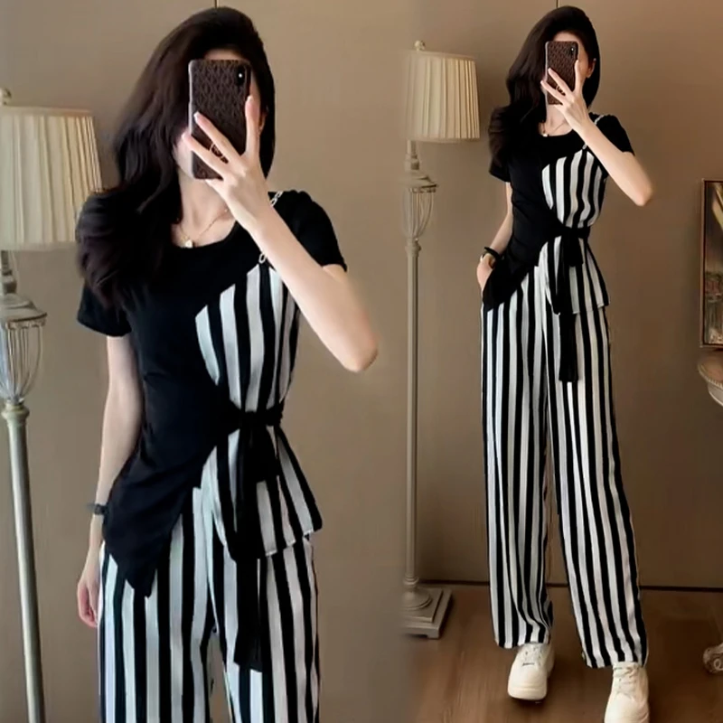 时尚减龄高级感套装女夏季洋气休闲显瘦运动服条纹阔腿裤两件套潮
