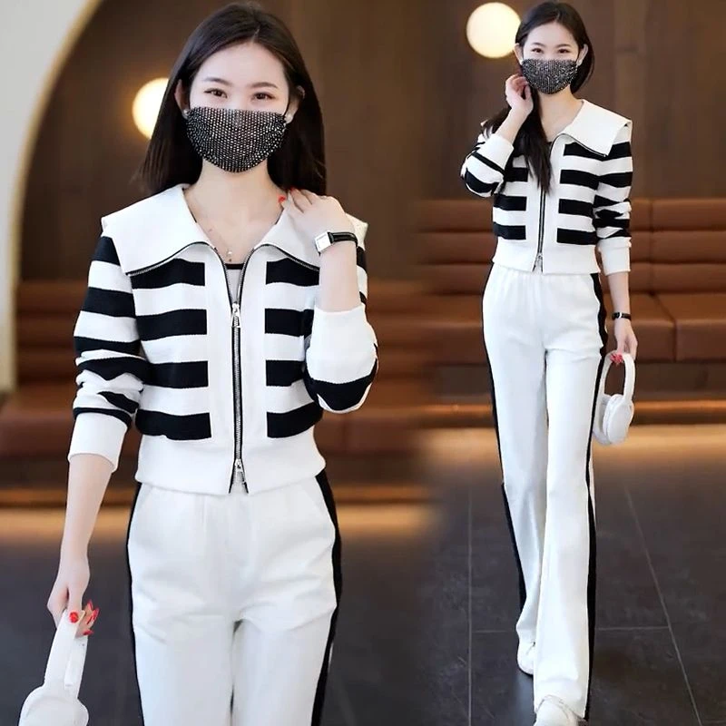 高含棉休闲运动服套装女2025年春秋新款时尚宽松开衫阔腿裤两件套