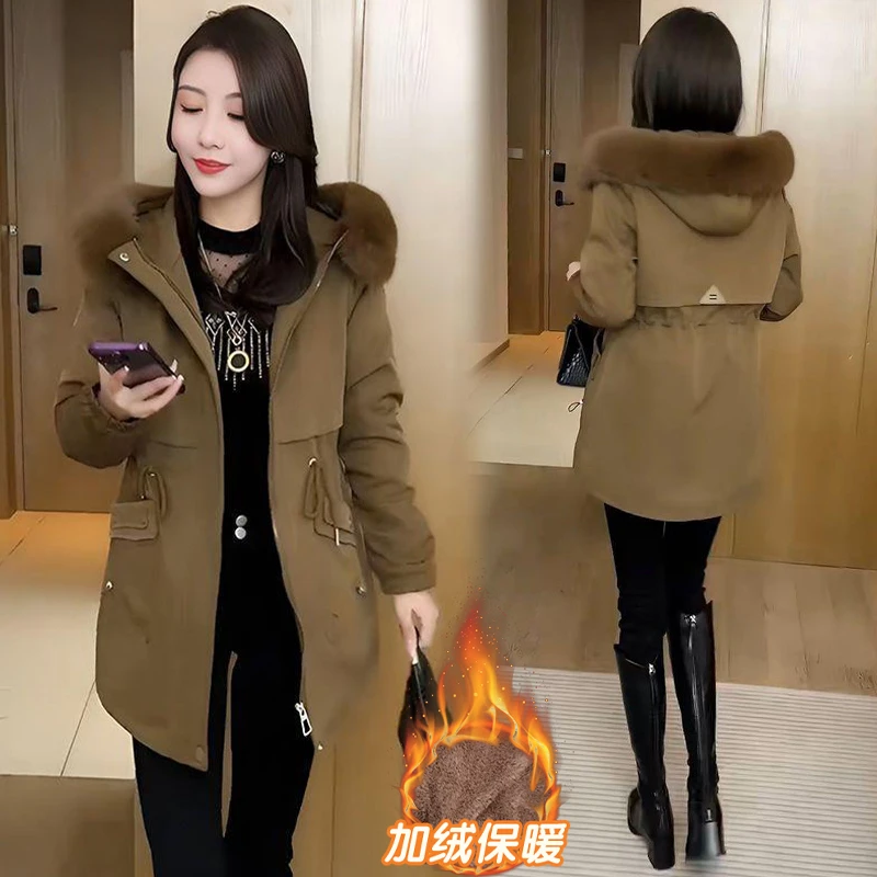 加绒加厚连帽派克外套女2025年冬季新款小个子毛领保暖中长款棉服